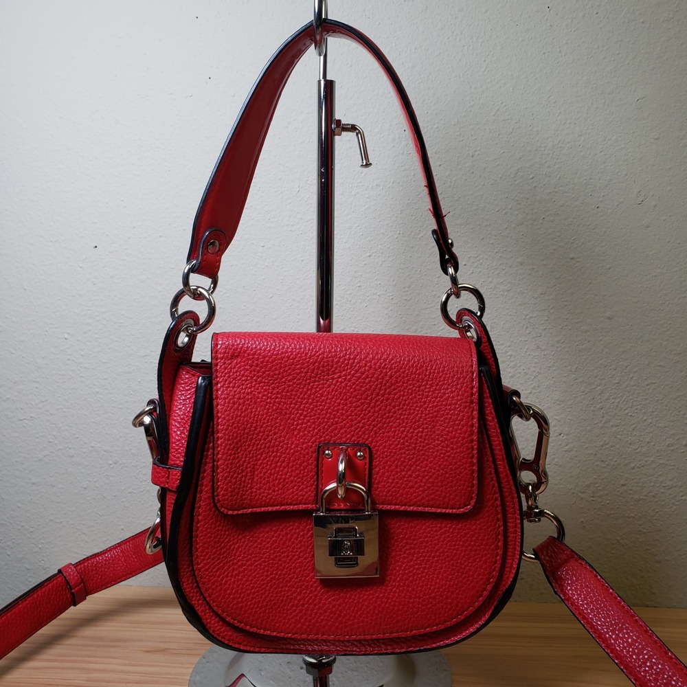 Steve Madden Padlock Structured Crossbody Purse Bag Red Faux Leather City Chic - Picture 2 of 13